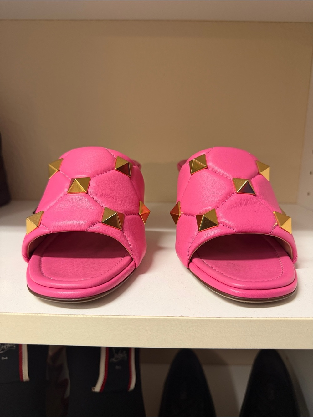 Valentino Pink Leather Pyramid Stud Slide Mules
